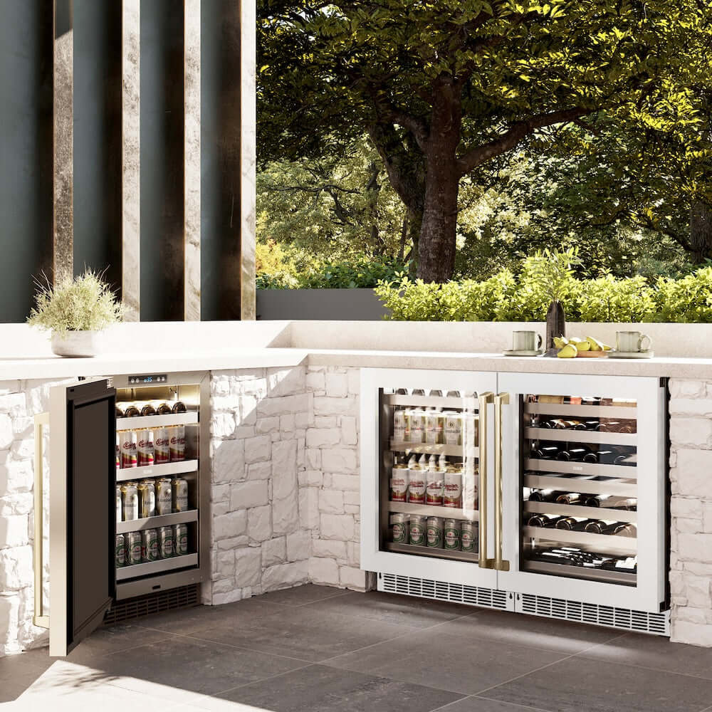 ZLINE 24" Touchstone 151 Can Beverage Fridge White Matte Glass Door Champagne Bronze Handle RBSOZ-WM-24-CB