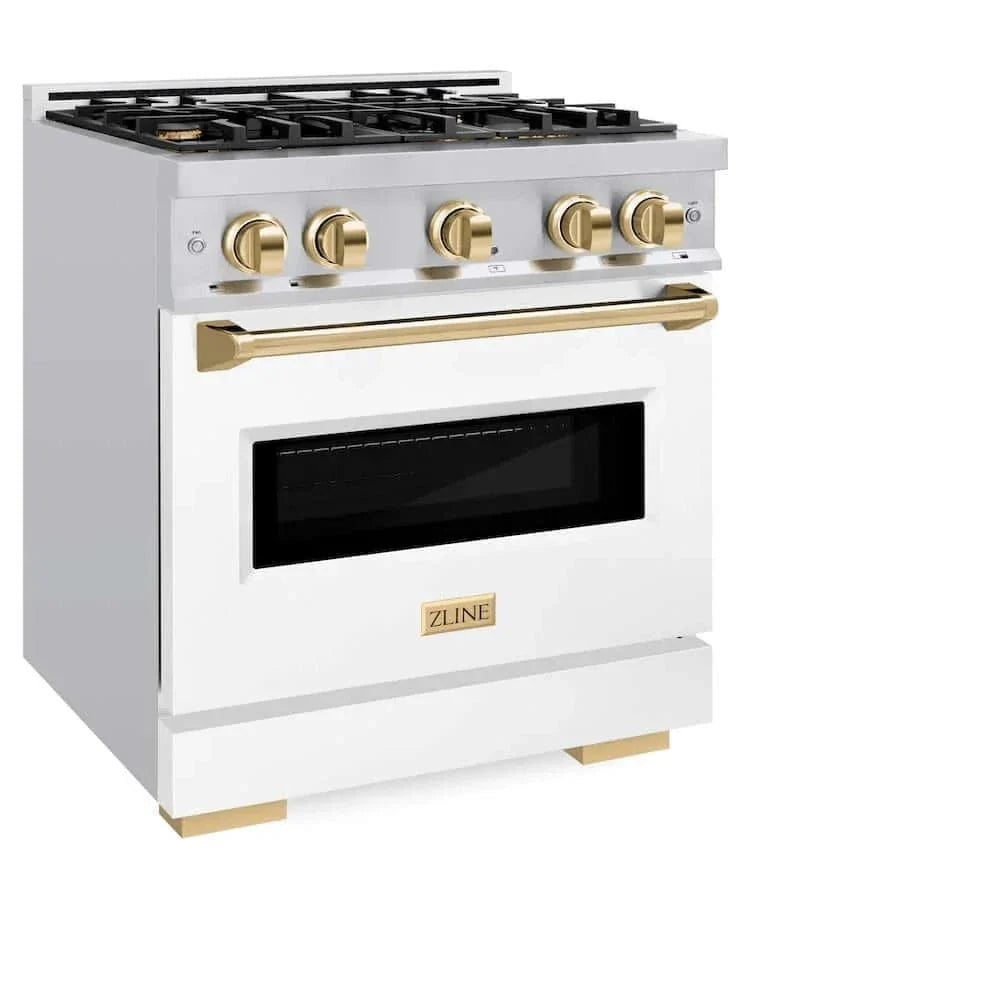 ZLINE 30" Dual Fuel Range, Gas Cooktop, Electric Convection Oven Stainless Steel, White Matte Polished Gold CDRZ-WM-30-G
