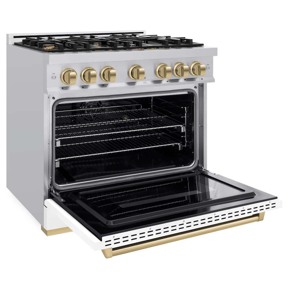 ZLINE 36" Dual Fuel Range, Gas Cooktop, Electric Convection Oven Stainless Steel, Matte White Door Champagne Bronze CDRZ-WM-36-CB
