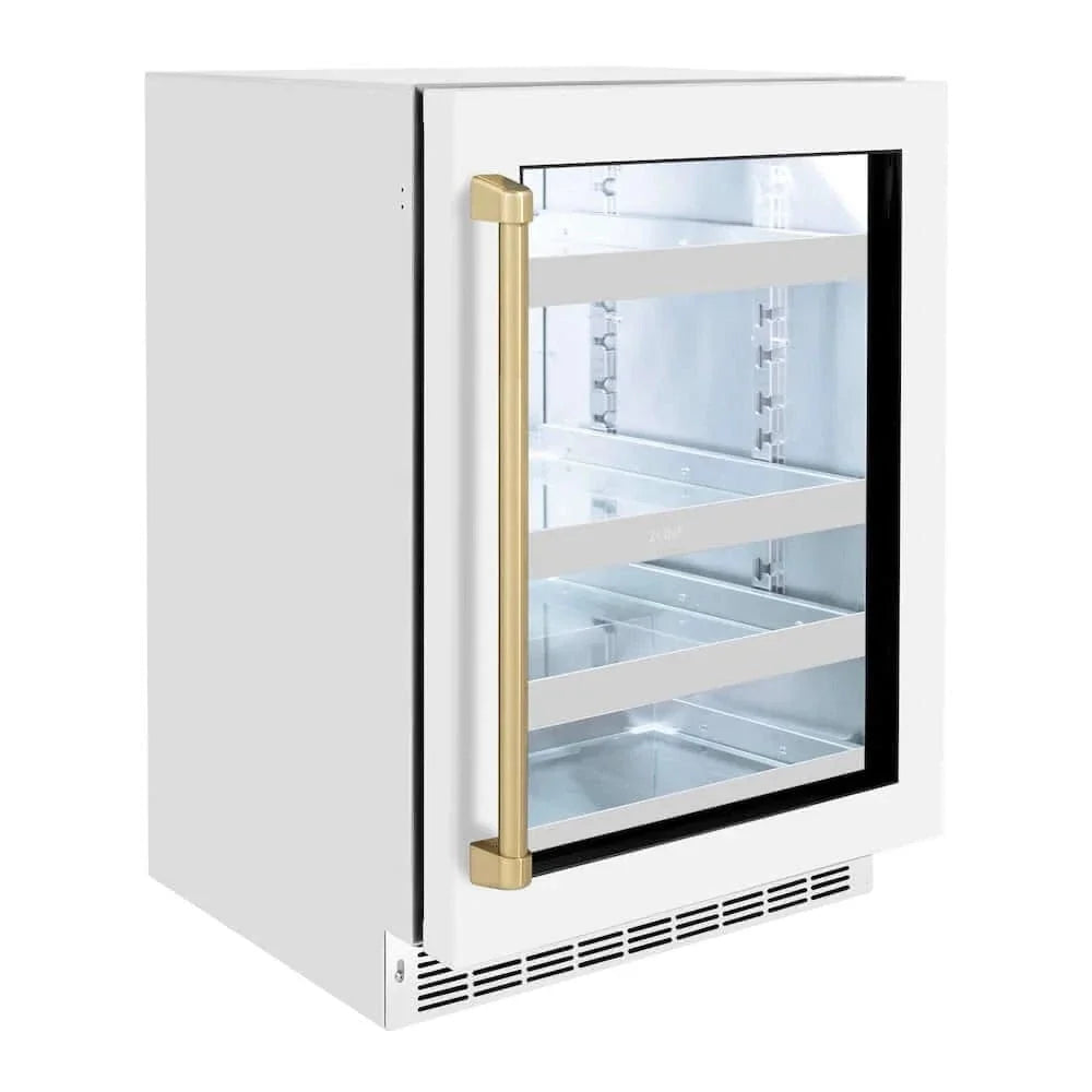 ZLINE 24" Touchstone 151 Can Beverage Fridge White Matte Glass Door Champagne Bronze Handle RBSOZ-WM-24-CB