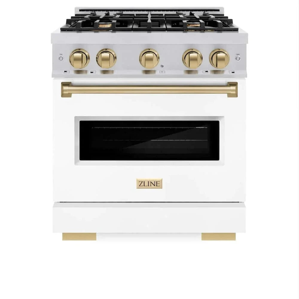 ZLINE 30" Dual Fuel Range, Gas Cooktop, Electric Convection Oven Stainless Steel, White Matte Champagne Bronze CDRZ-WM-30-CB