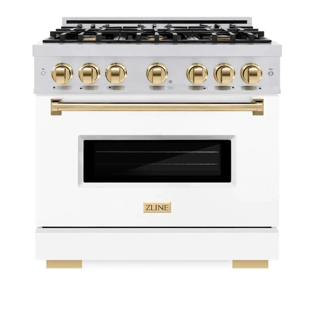 ZLINE 36" Dual Fuel Range, Gas Cooktop, Electric Convection Oven Stainless Steel, Matte White Door Polished Gold CDRZ-WM-36-G
