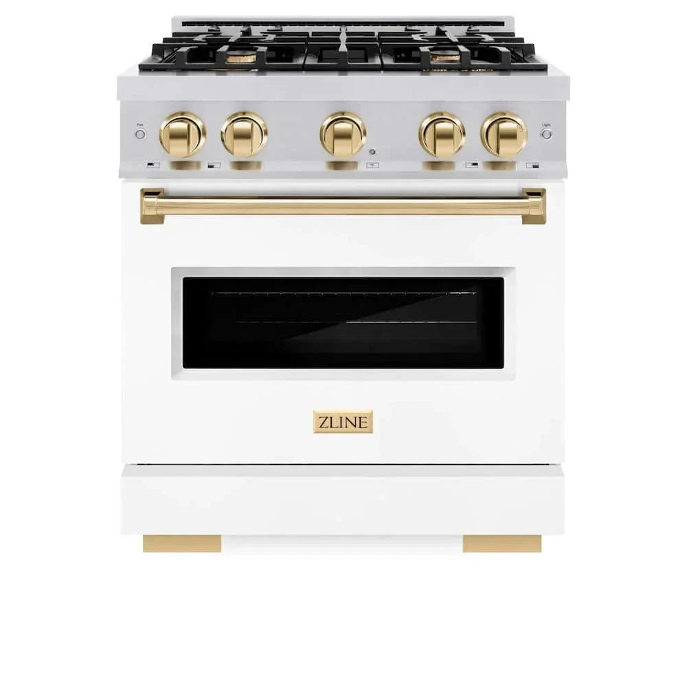 ZLINE 30" Dual Fuel Range, Gas Cooktop, Electric Convection Oven Stainless Steel, White Matte Polished Gold CDRZ-WM-30-G