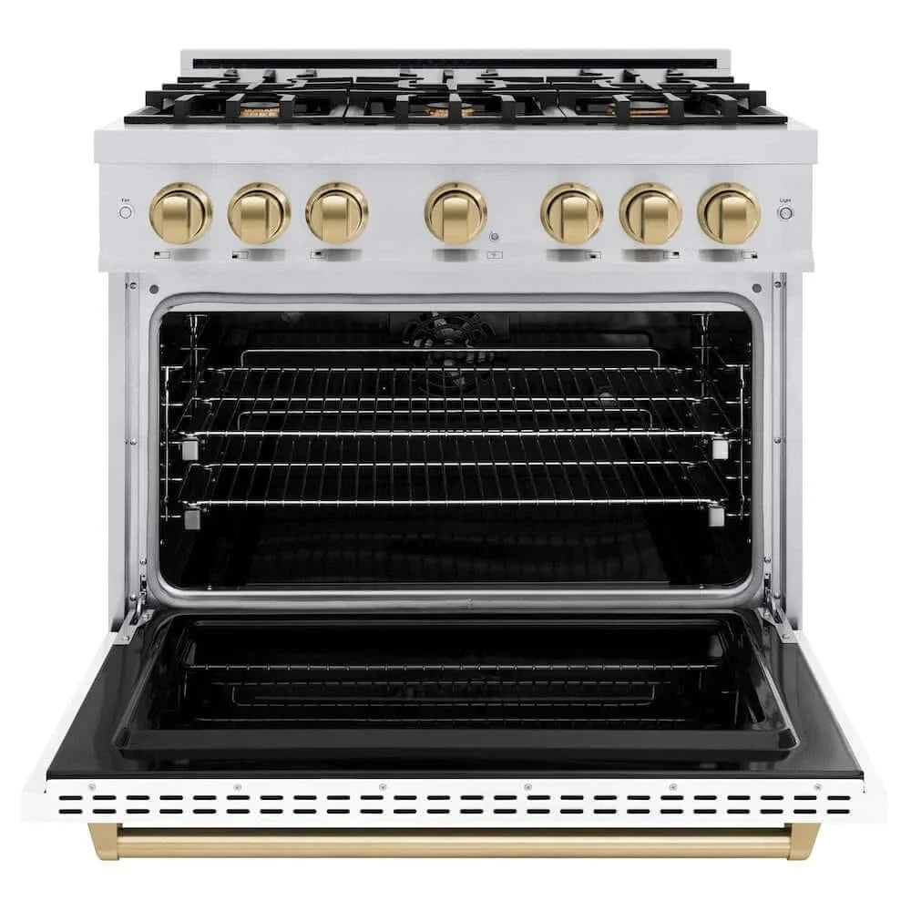 ZLINE 36" Dual Fuel Range, Gas Cooktop, Electric Convection Oven Stainless Steel, Matte White Door Polished Gold CDRZ-WM-36-G