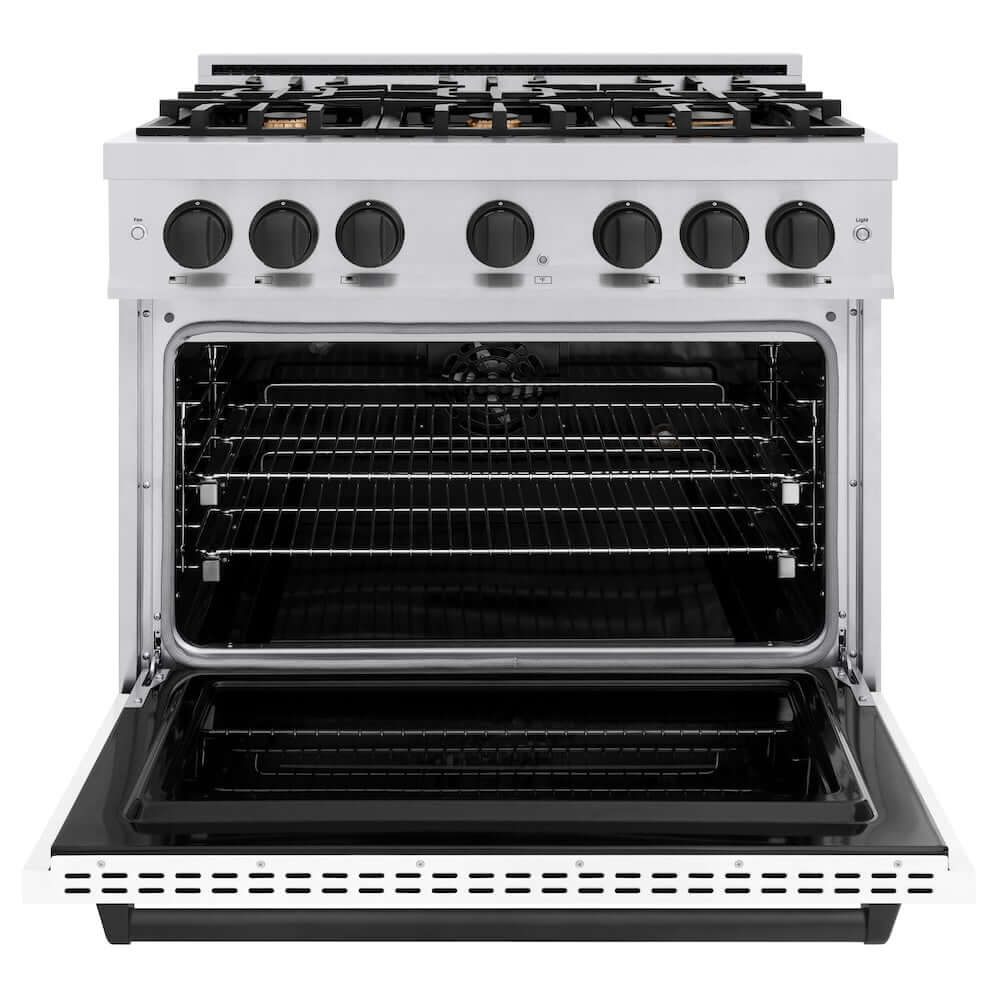 ZLINE 36" Dual Fuel Range, Gas Cooktop, Electric Convection Oven Stainless Steel, Matte White Door Matte Black CDRZ-WM-36-MB