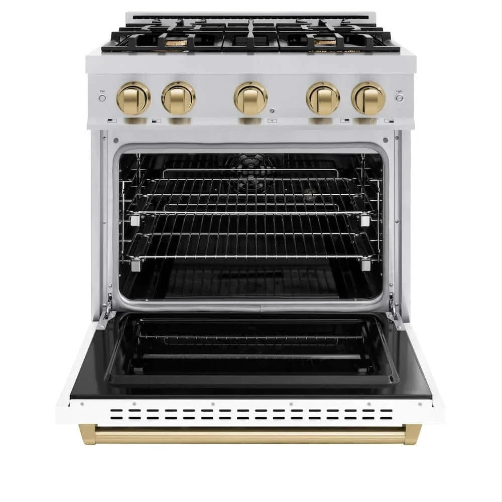 ZLINE 30" Dual Fuel Range, Gas Cooktop, Electric Convection Oven Stainless Steel, White Matte Polished Gold CDRZ-WM-30-G