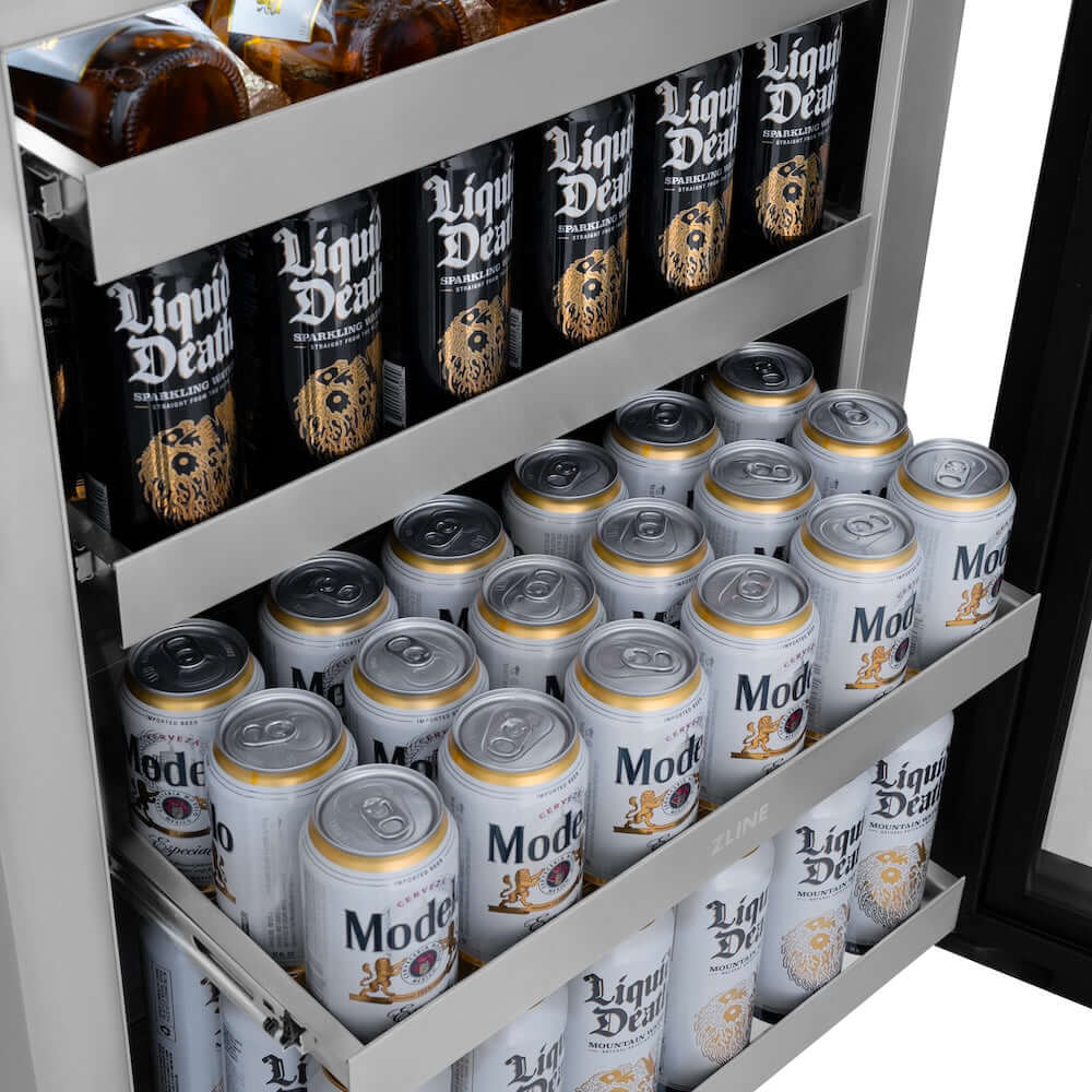 ZLINE 24" Touchstone 151 Can Beverage Fridge White Matte Glass Door Champagne Bronze Handle RBSOZ-WM-24-CB
