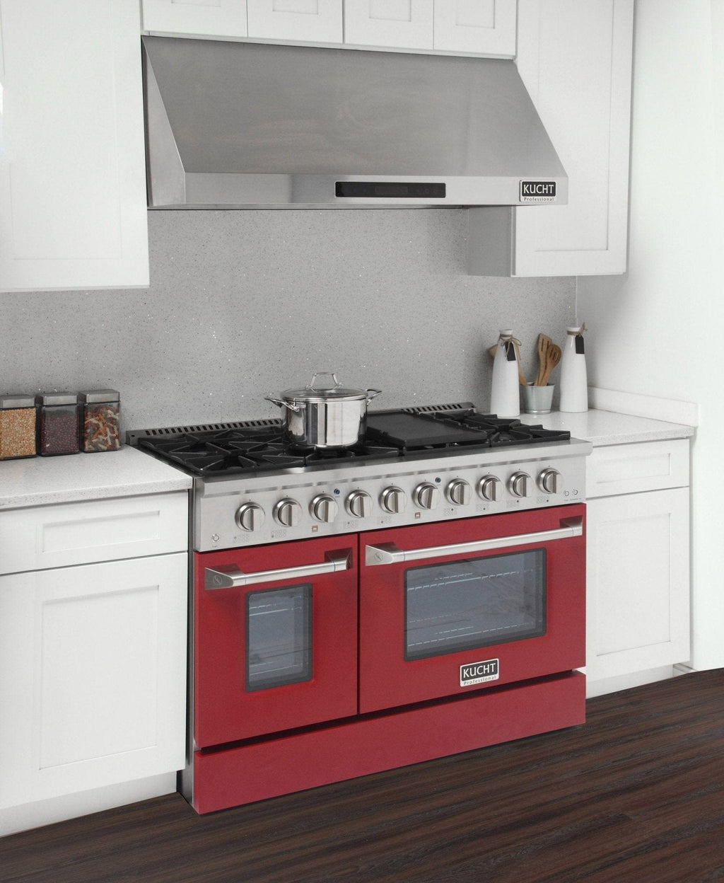 Kucht 48" Gas Range in Stainless Steel, Red Oven Doors, KNG481-R